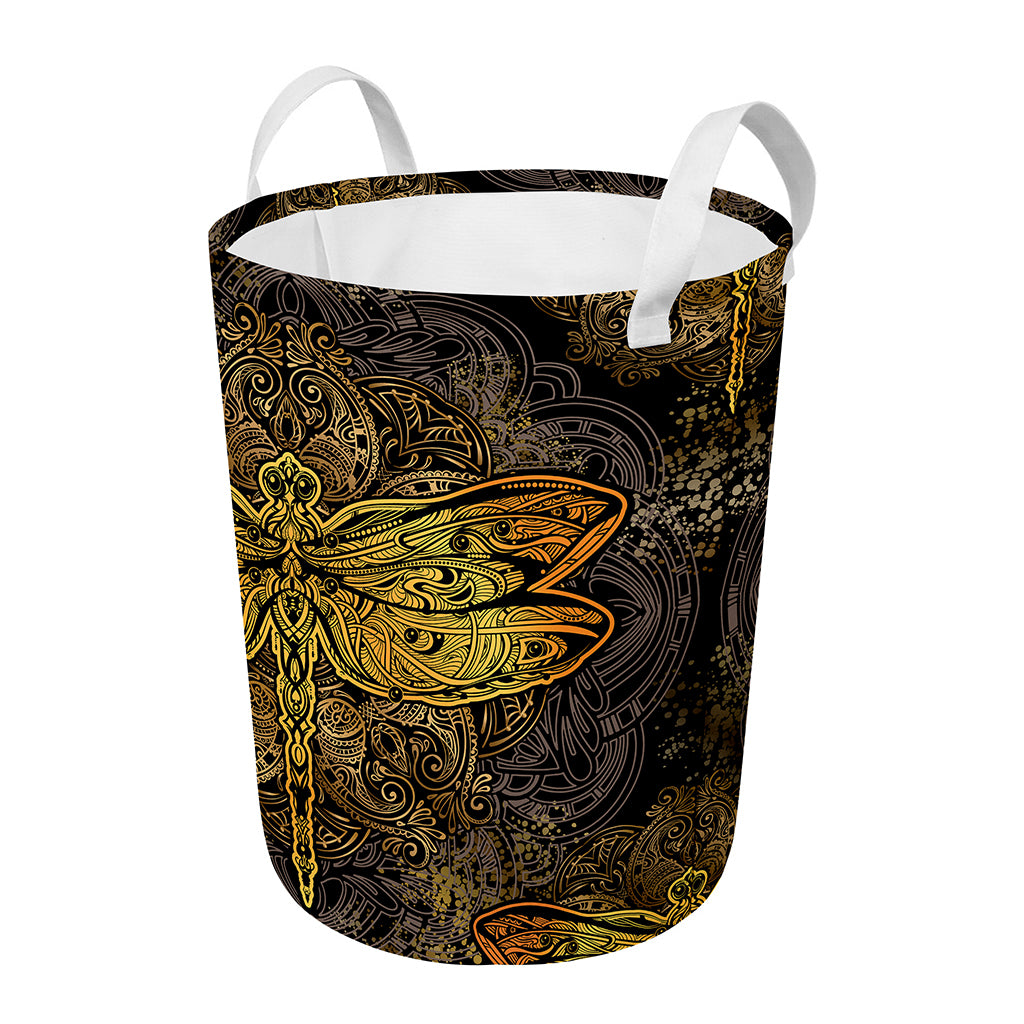 Gold Boho Dragonfly Print Round Laundry Basket