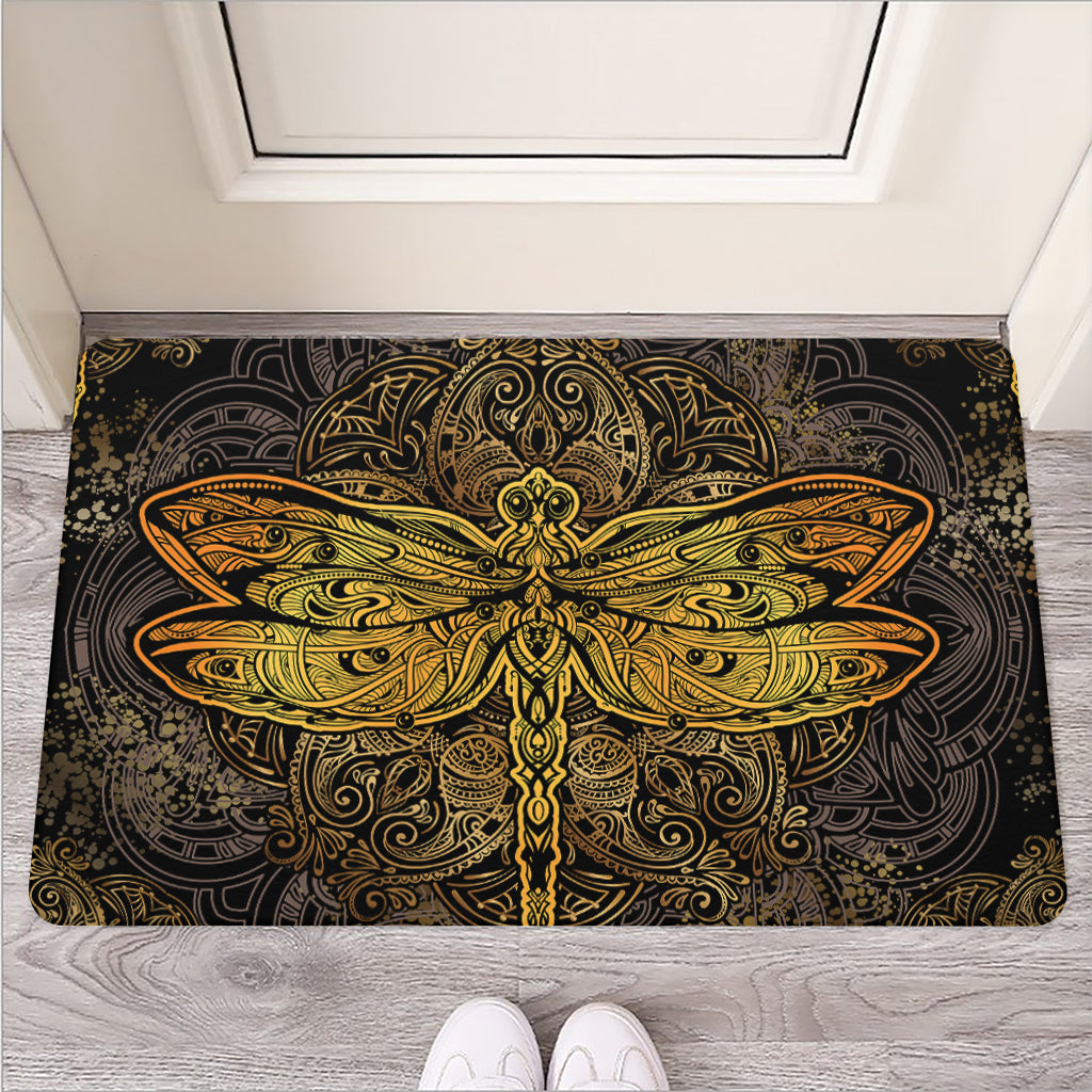 Gold Boho Dragonfly Print Rubber Doormat