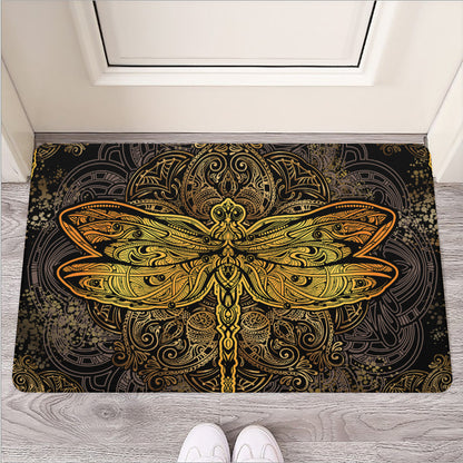 Gold Boho Dragonfly Print Rubber Doormat