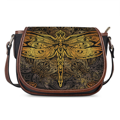 Gold Boho Dragonfly Print Saddle Bag