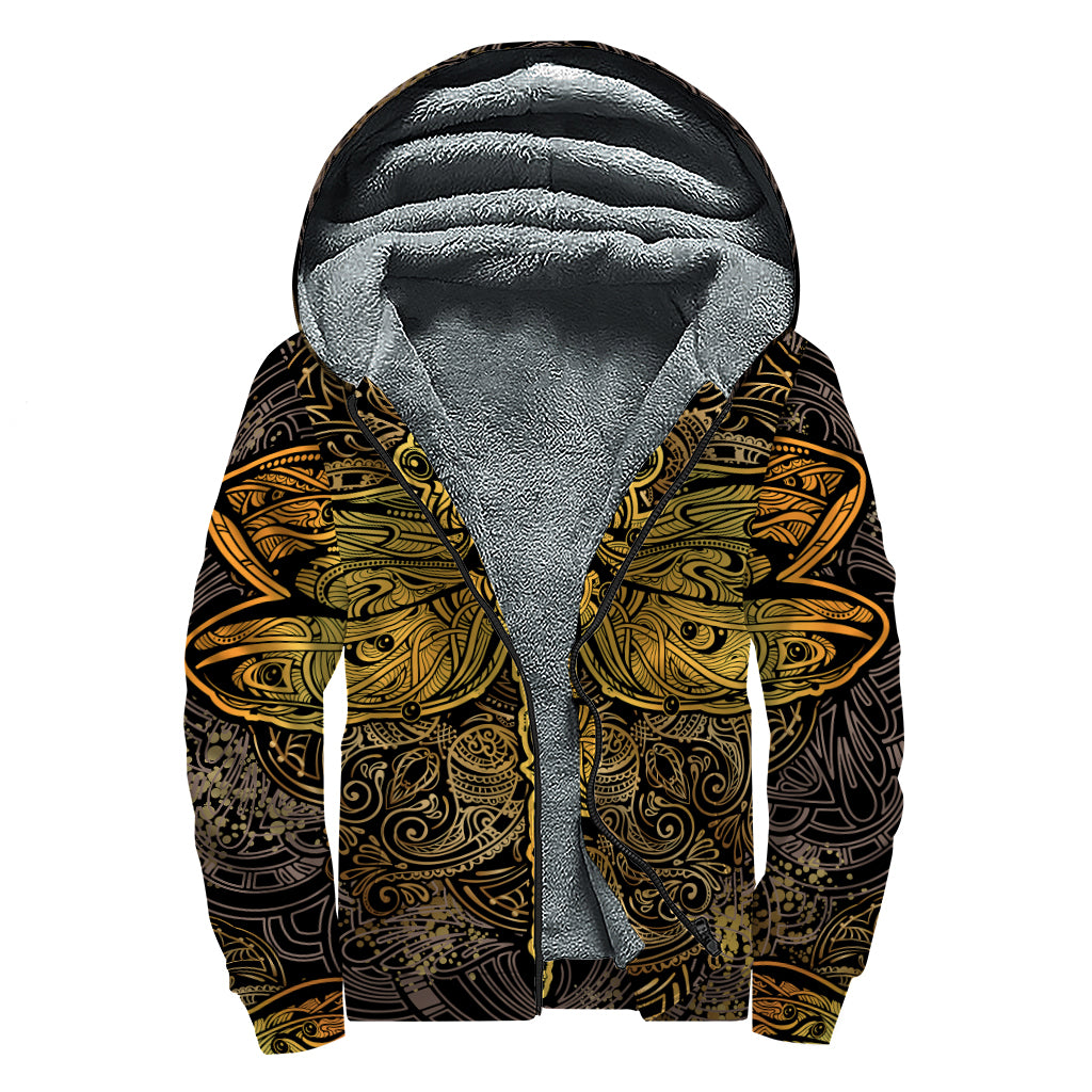 Gold Boho Dragonfly Print Sherpa Lined Zip Up Hoodie