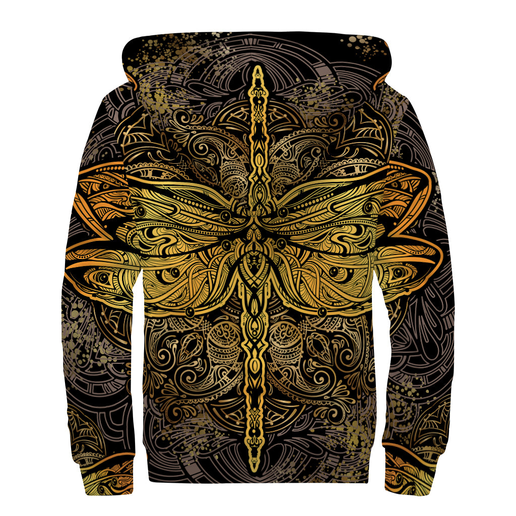 Gold Boho Dragonfly Print Sherpa Lined Zip Up Hoodie