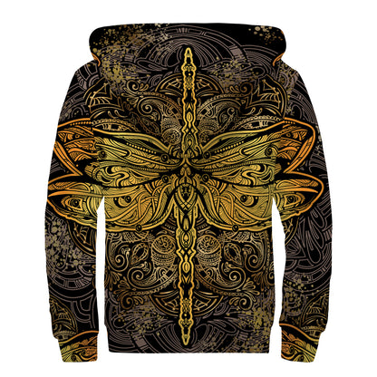 Gold Boho Dragonfly Print Sherpa Lined Zip Up Hoodie