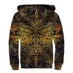 Gold Boho Dragonfly Print Sherpa Lined Zip Up Hoodie