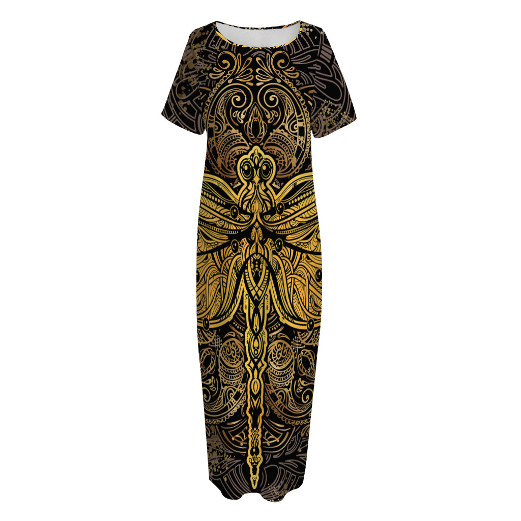 Gold Boho Dragonfly Print Short Sleeve Long Nightdress