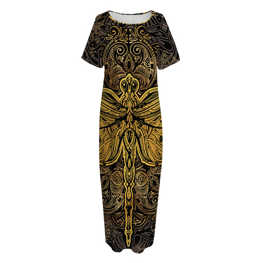 Gold Boho Dragonfly Print Short Sleeve Long Nightdress