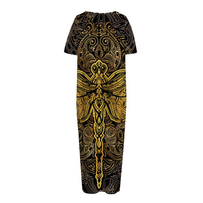 Gold Boho Dragonfly Print Short Sleeve Long Nightdress