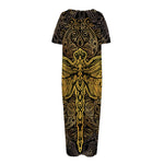 Gold Boho Dragonfly Print Short Sleeve Long Nightdress