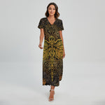 Gold Boho Dragonfly Print Short Sleeve Maxi Dress