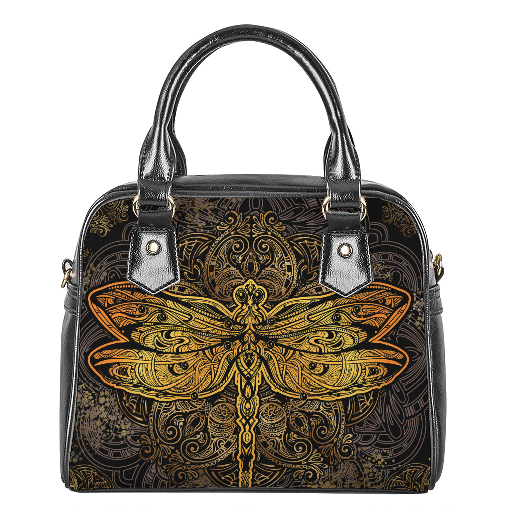 Gold Boho Dragonfly Print Shoulder Handbag