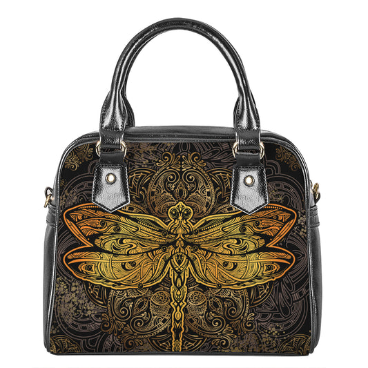Gold Boho Dragonfly Print Shoulder Handbag