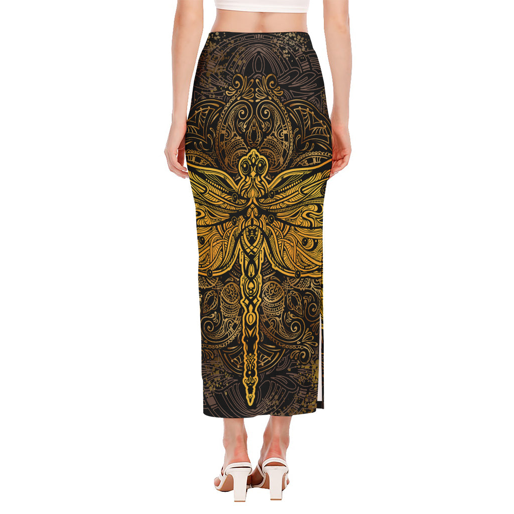 Gold Boho Dragonfly Print Side Slit Maxi Skirt