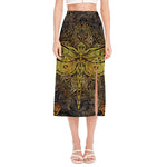 Gold Boho Dragonfly Print Side Slit Midi Skirt