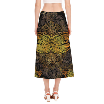 Gold Boho Dragonfly Print Side Slit Midi Skirt