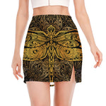 Gold Boho Dragonfly Print Side Slit Mini Skirt