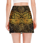 Gold Boho Dragonfly Print Side Slit Mini Skirt