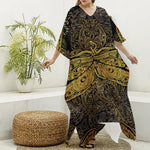 Gold Boho Dragonfly Print Silk V-Neck Kaftan Dress