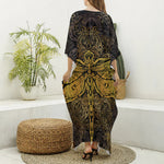 Gold Boho Dragonfly Print Silk V-Neck Kaftan Dress