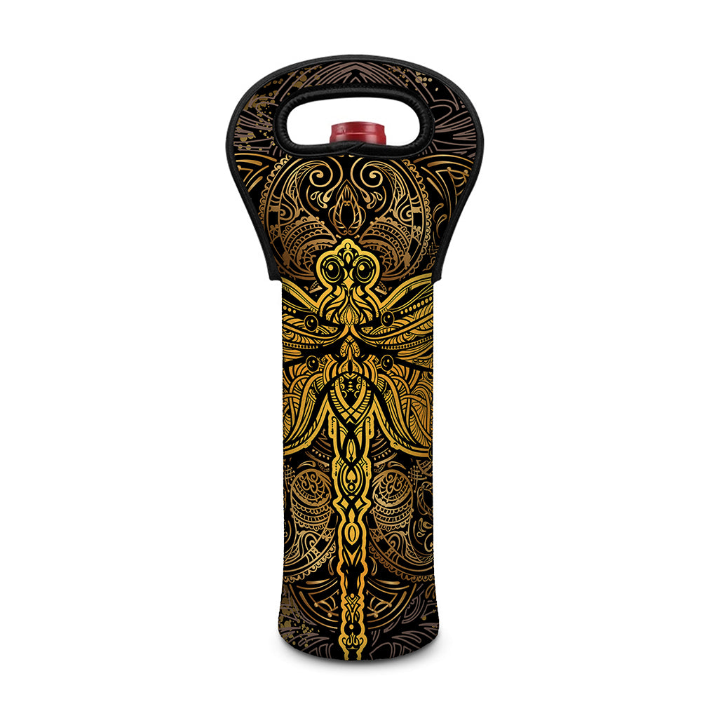 Gold Boho Dragonfly Print Single Neoprene Wine Tote