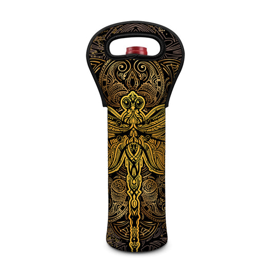 Gold Boho Dragonfly Print Single Neoprene Wine Tote