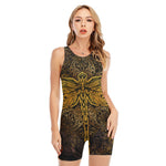 Gold Boho Dragonfly Print Sleeveless One Piece Swimsuit