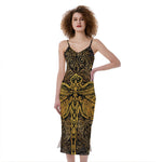Gold Boho Dragonfly Print Slim Fit Midi Cami Dress