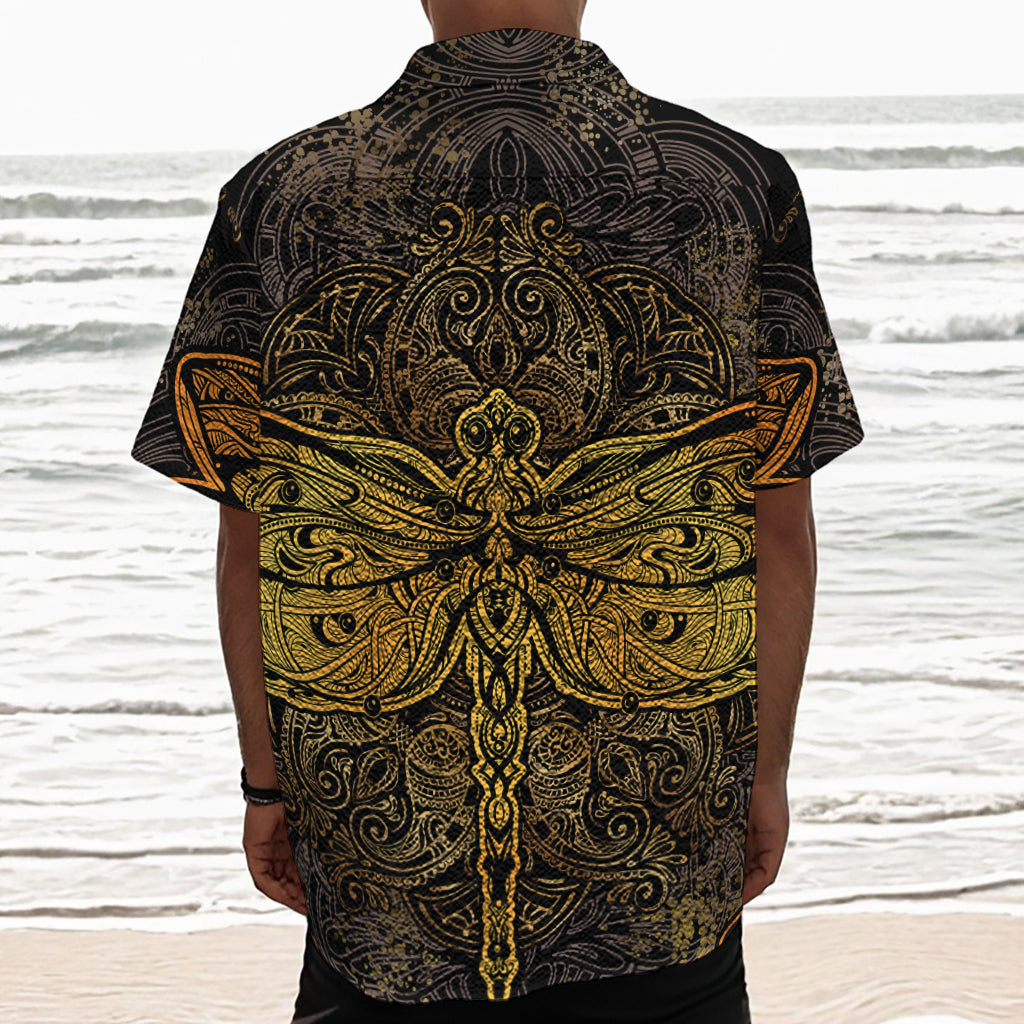 Gold Boho Dragonfly Print Textured Short Sleeve Shirt