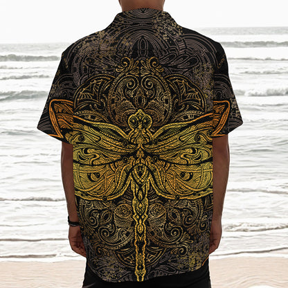 Gold Boho Dragonfly Print Textured Short Sleeve Shirt
