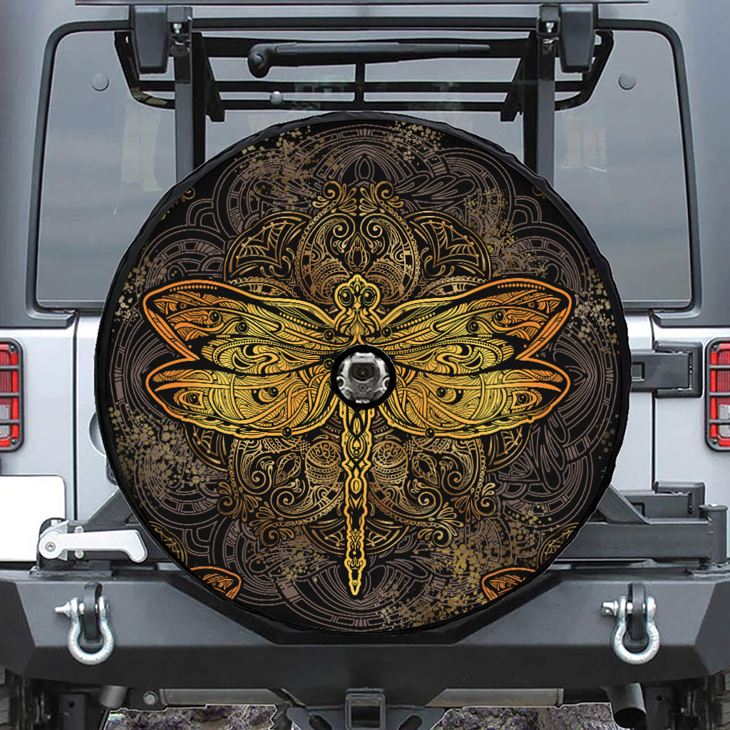 Gold Boho Dragonfly Print Tire Cover With Camera Hole