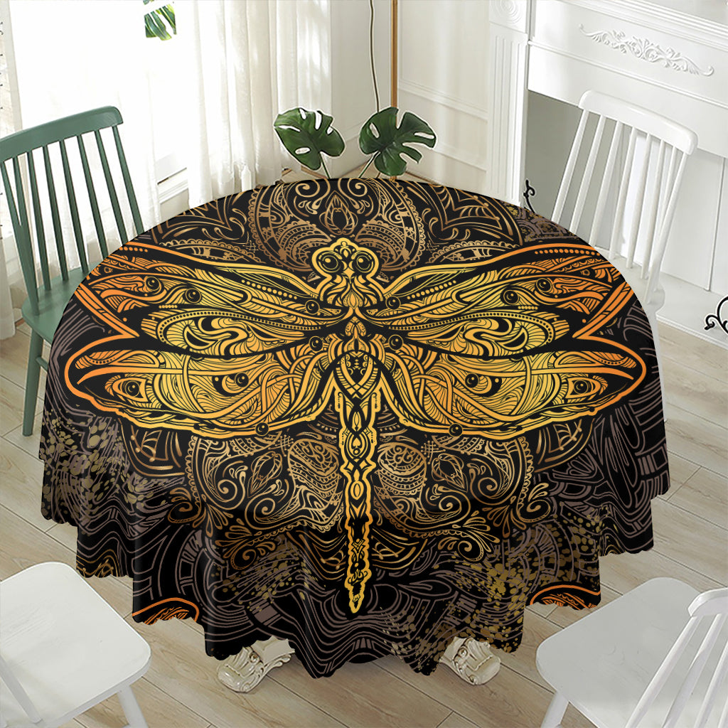 Gold Boho Dragonfly Print Waterproof Round Tablecloth