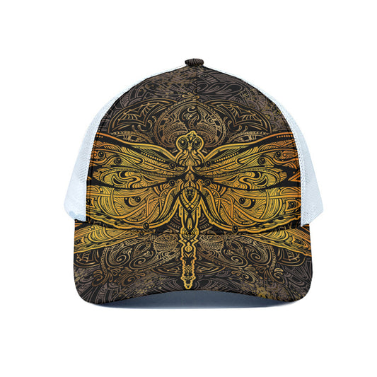 Gold Boho Dragonfly Print White Mesh Trucker Cap