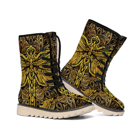 Gold Boho Dragonfly Print Winter Boots