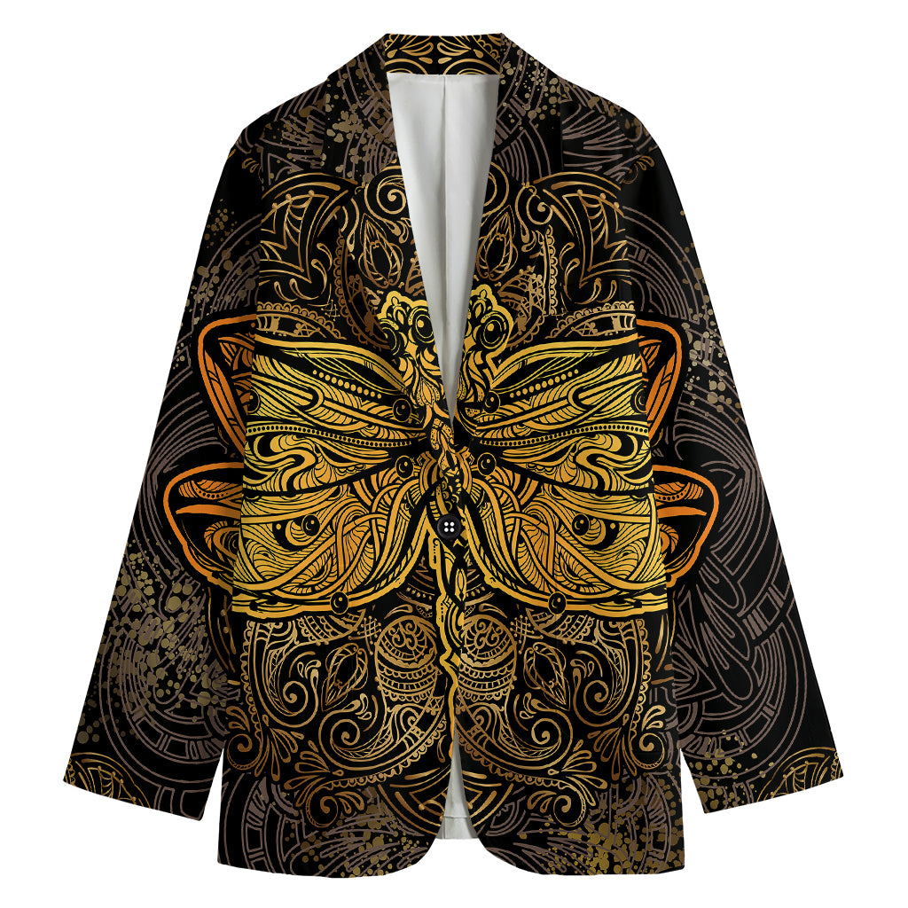Gold Boho Dragonfly Print Women's Blazer