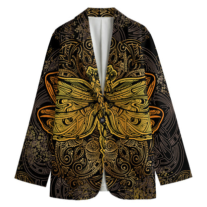 Gold Boho Dragonfly Print Women's Blazer
