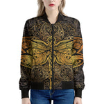 Gold Boho Dragonfly Print Women's Bomber Jacket