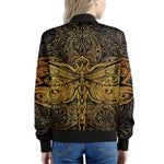 Gold Boho Dragonfly Print Women's Bomber Jacket