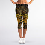 Gold Boho Dragonfly Print Women's Capri Leggings