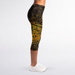 Gold Boho Dragonfly Print Women's Capri Leggings