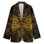 Gold Boho Dragonfly Print Women's Cotton Blazer