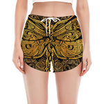 Gold Boho Dragonfly Print Women's Split Running Shorts