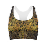 Gold Boho Dragonfly Print Women's Sports Bra