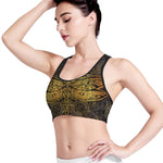 Gold Boho Dragonfly Print Women's Sports Bra
