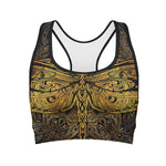Gold Boho Dragonfly Print Women's Sports Bra
