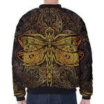 Gold Boho Dragonfly Print Zip Sleeve Bomber Jacket