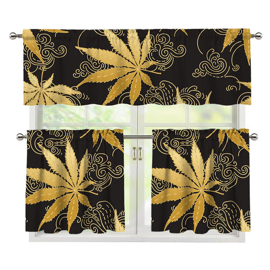 Gold Cannabis Leaf Pattern Print 3 Piece Kitchen Curtains