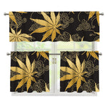 Gold Cannabis Leaf Pattern Print 3 Piece Kitchen Curtains