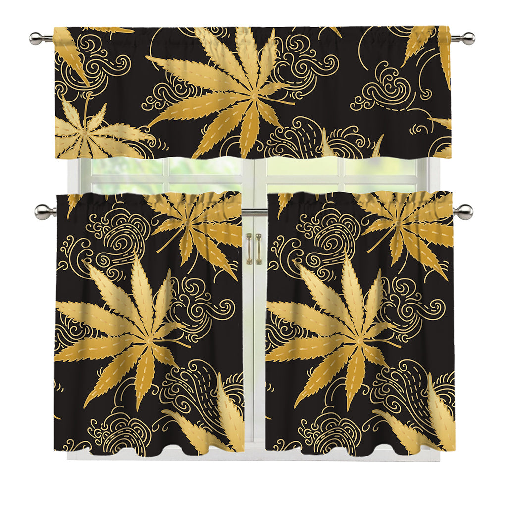 Gold Cannabis Leaf Pattern Print 3 Piece Kitchen Curtains