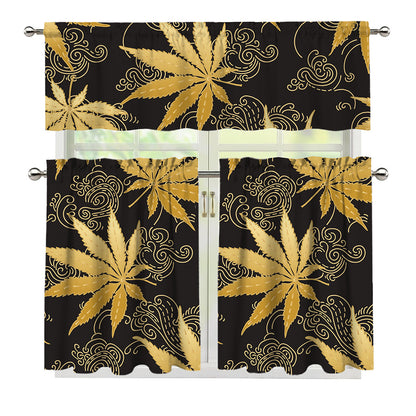 Gold Cannabis Leaf Pattern Print 3 Piece Kitchen Curtains