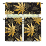 Gold Cannabis Leaf Pattern Print 3 Piece Kitchen Curtains