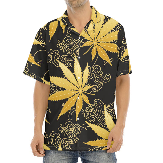 Gold Cannabis Leaf Pattern Print Aloha Shirt